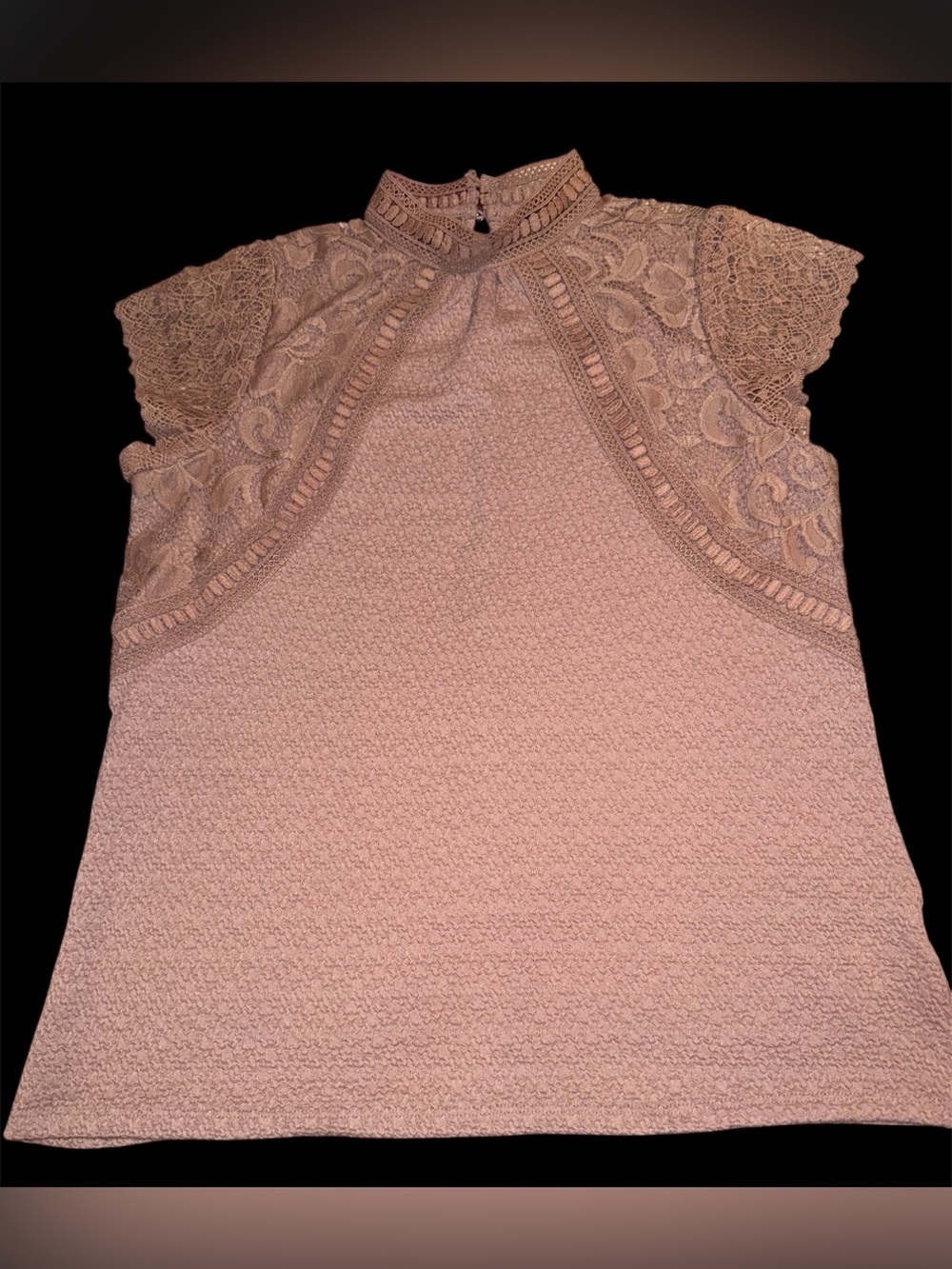 Cable & Gauge Lace accent Blouse Top Sz
M Mauve High Neck Cottagecore
cap sleeve